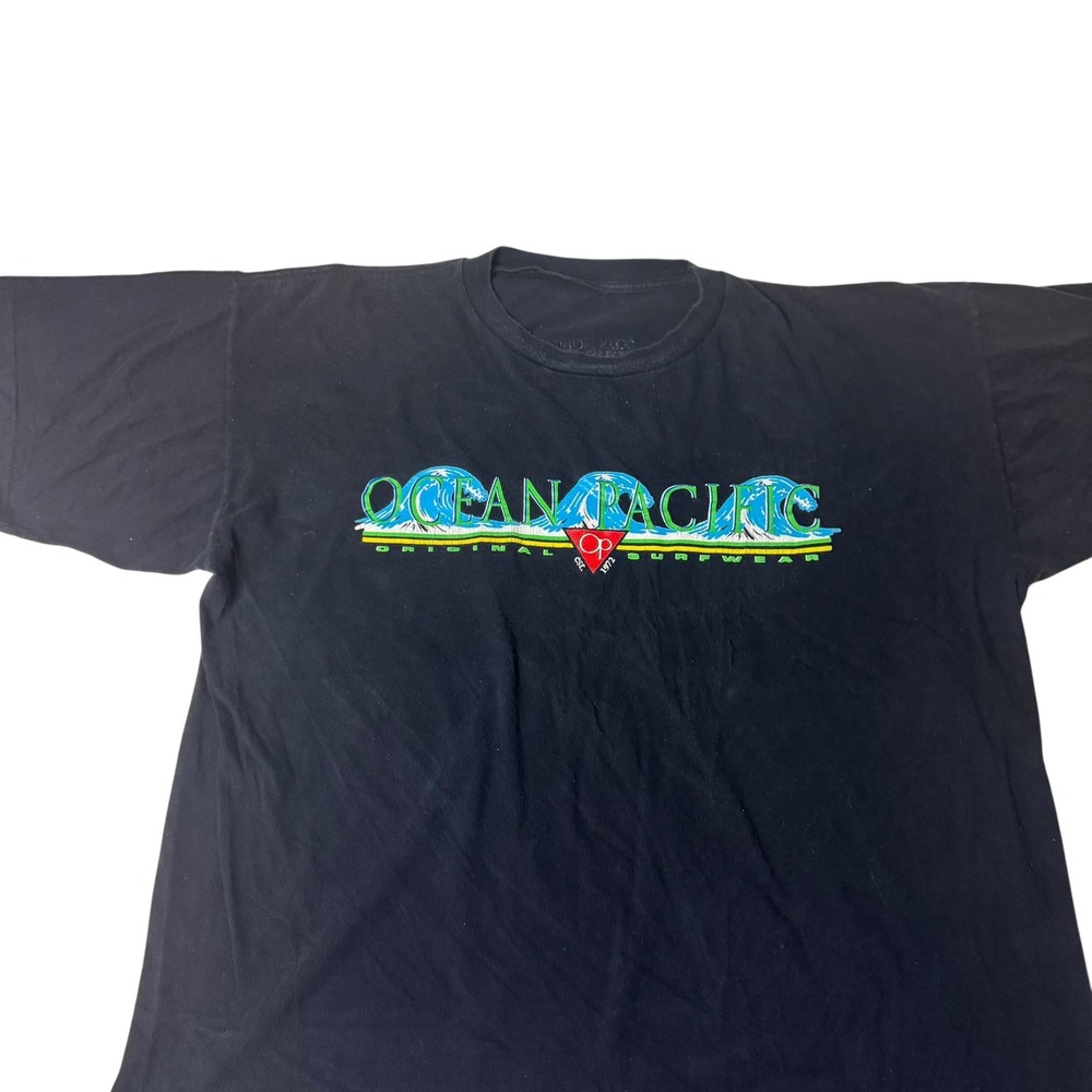 Vintage Ocean Pacific Mens Black Graphic T-Shirt Short Sleeve Surf Logo 2XL - Picture 2 of 9